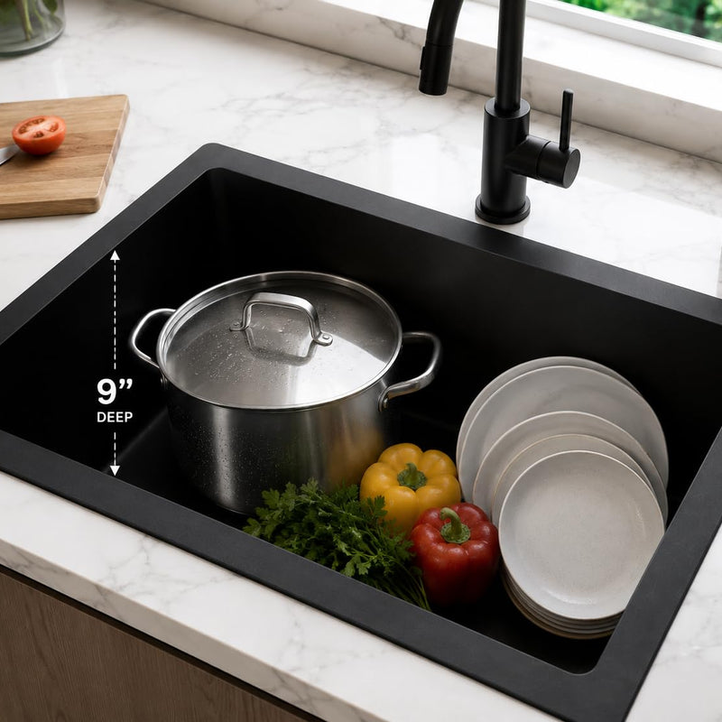 BUILDINGSHOP Deep Black Quartz Kitchen Sink, Sparkle Nero Finish with Reflective Flecks, Premium Single Bowl Sink, 9-Inch Deep, Scratch & Stain Resistant, Multiple Size Options