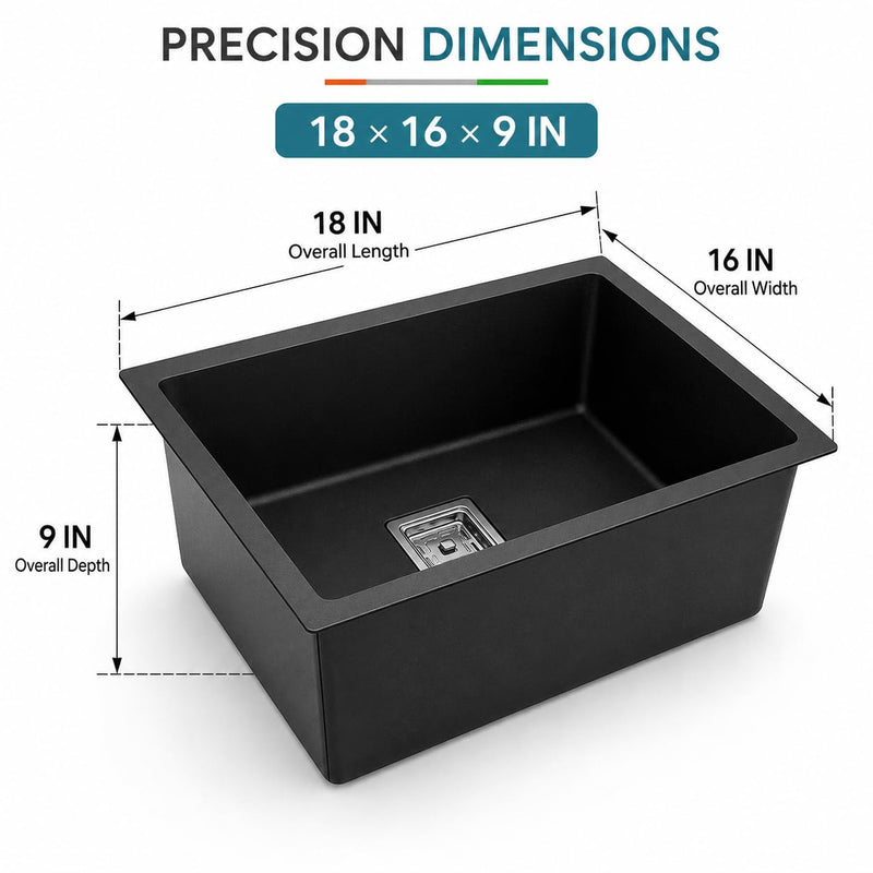 BUILDINGSHOP Deep Black Quartz Kitchen Sink, Sparkle Nero Finish with Reflective Flecks, Premium Single Bowl Sink, 9-Inch Deep, Scratch & Stain Resistant, Multiple Size Options