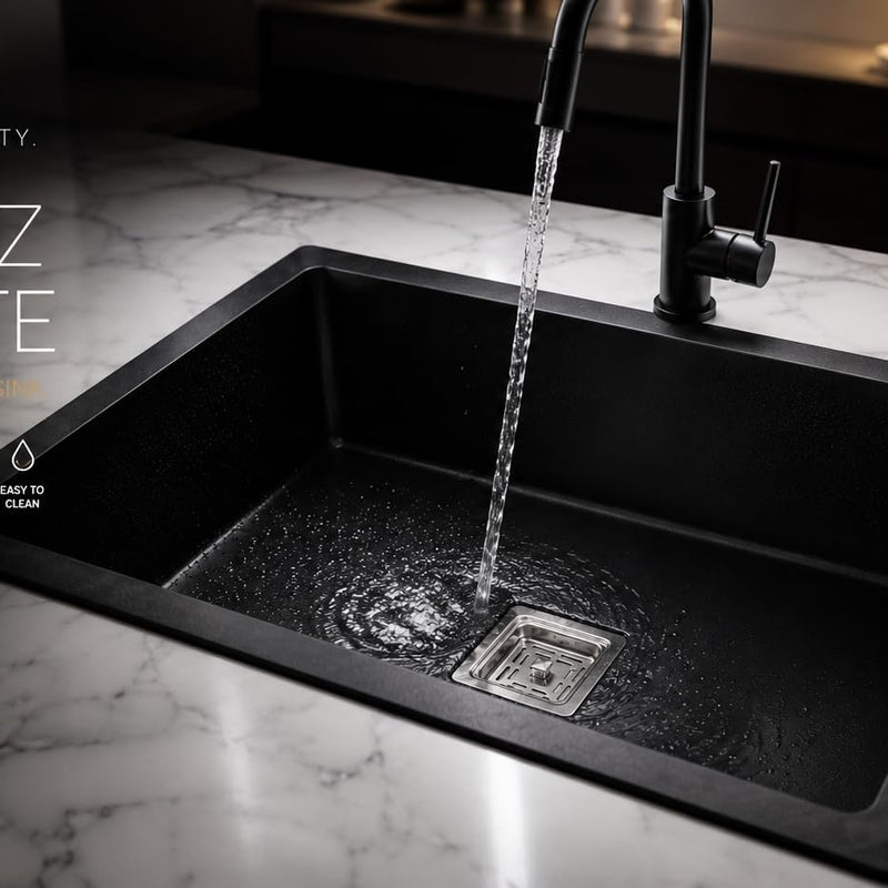BUILDINGSHOP Deep Black Quartz Kitchen Sink, Sparkle Nero Finish with Reflective Flecks, Premium Single Bowl Sink, 9-Inch Deep, Scratch & Stain Resistant, Multiple Size Options