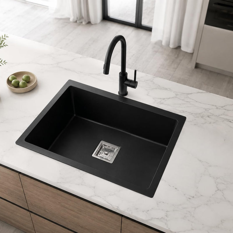 BUILDINGSHOP Deep Black Quartz Kitchen Sink, Sparkle Nero Finish with Reflective Flecks, Premium Single Bowl Sink, 9-Inch Deep, Scratch & Stain Resistant, Multiple Size Options