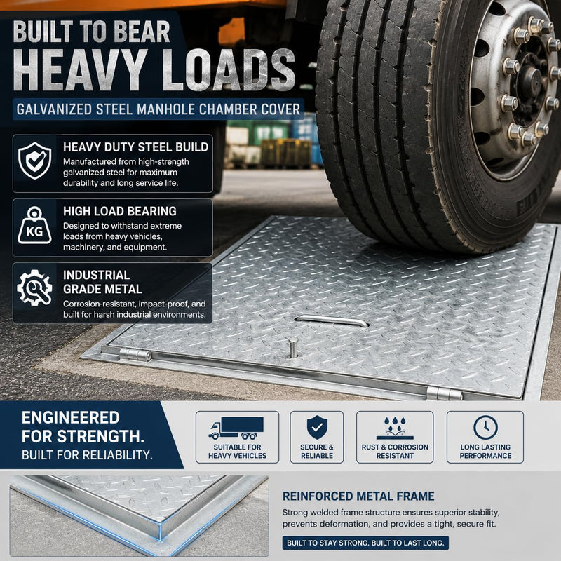 BUILDINGSHOP Galvanized Steel Manhole Chamber Cover with Frame, Heavy Duty, Anti-Slip Checker Plate, Corrosion Resistant, for Drainage and Inspection Chambers