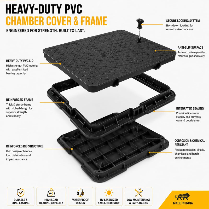 BUILDINGSHOP Black PVC Manhole Chamber Cover with Lock & Frame | Heavy Duty Floor Drain Cover | Anti-Slip Waterproof Inspection Chamber Lid for Drainage, Sewage & Underground Tanks