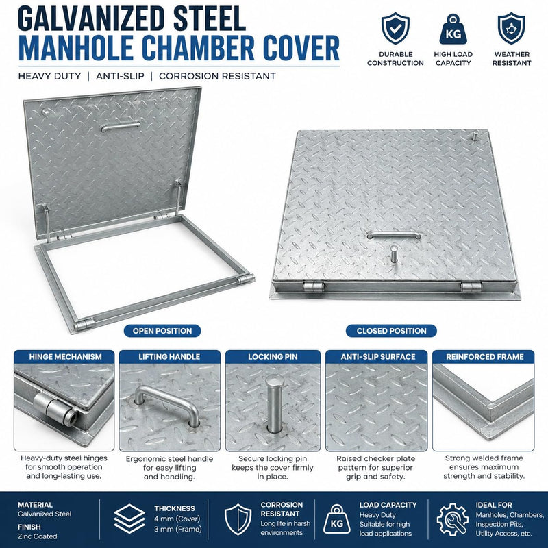 BUILDINGSHOP Galvanized Steel Manhole Chamber Cover with Frame, Heavy Duty, Anti-Slip Checker Plate, Corrosion Resistant, for Drainage and Inspection Chambers