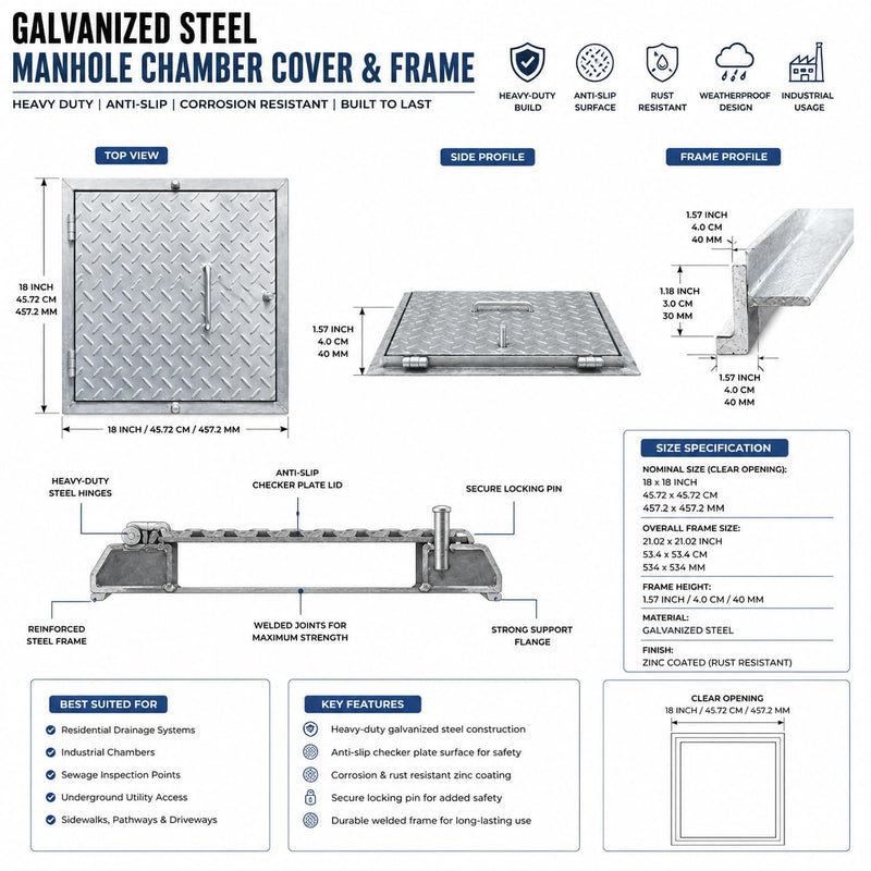 BUILDINGSHOP Galvanized Steel Manhole Chamber Cover with Frame, Heavy Duty, Anti-Slip Checker Plate, Corrosion Resistant, for Drainage and Inspection Chambers