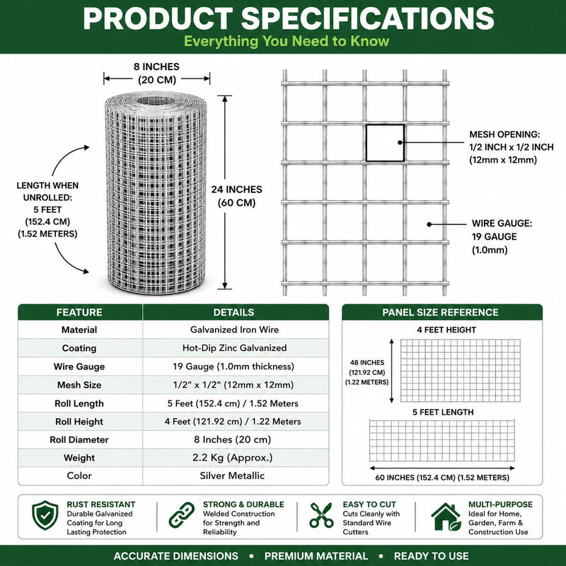 BUILDINGSHOP Galvanized Wire Mesh Fencing Roll Kit with Cutter & Cable Ties, Heavy Duty Metal Fence Mesh for Garden Fencing, Chicken Coop, Tree Guard, Plant Support & DIY Use