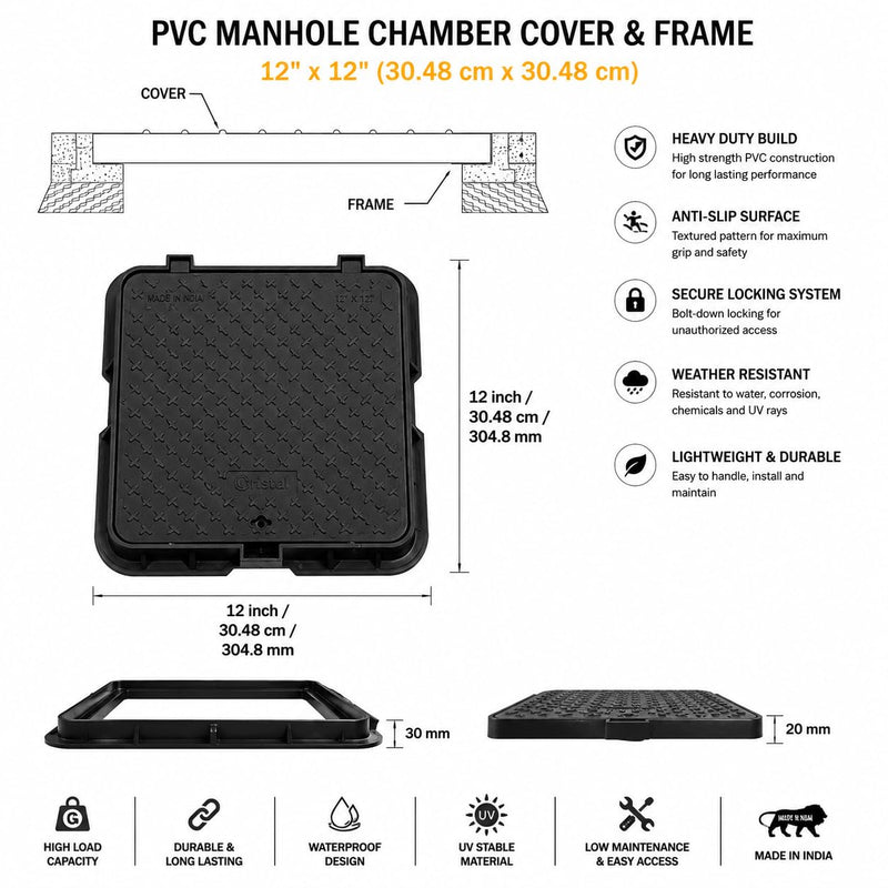 BUILDINGSHOP Black PVC Manhole Chamber Cover with Lock & Frame | Heavy Duty Floor Drain Cover | Anti-Slip Waterproof Inspection Chamber Lid for Drainage, Sewage & Underground Tanks