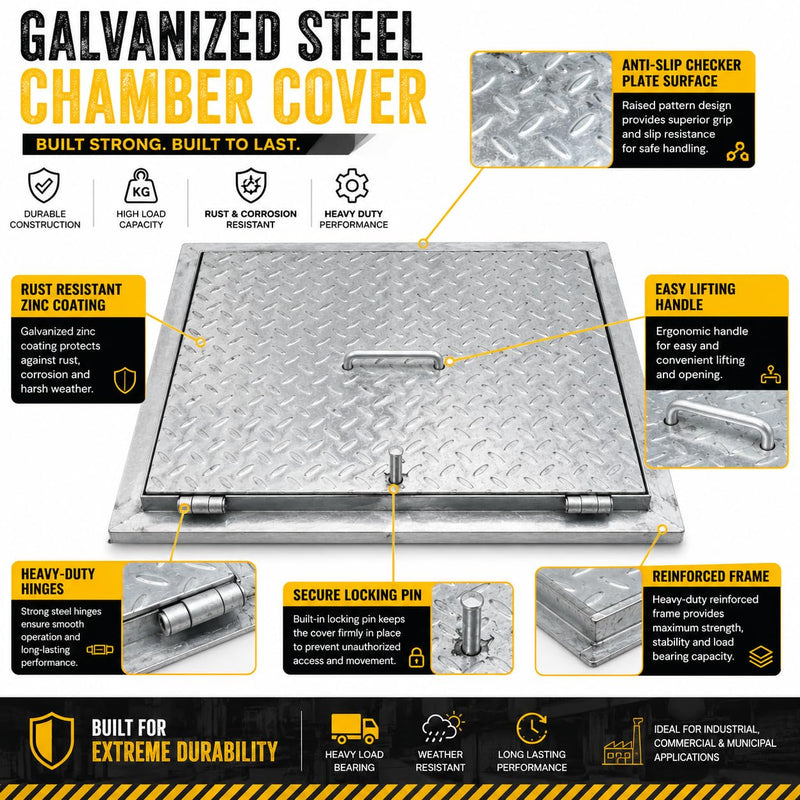 BUILDINGSHOP Galvanized Steel Manhole Chamber Cover with Frame, Heavy Duty, Anti-Slip Checker Plate, Corrosion Resistant, for Drainage and Inspection Chambers