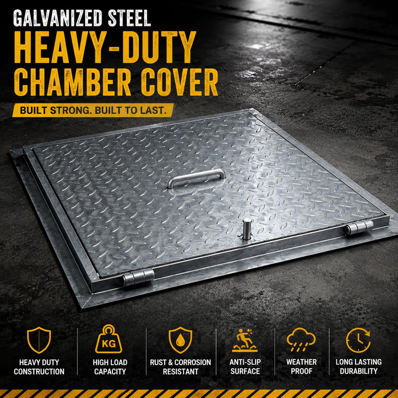 BUILDINGSHOP Galvanized Steel Manhole Chamber Cover with Frame, Heavy Duty, Anti-Slip Checker Plate, Corrosion Resistant, for Drainage and Inspection Chambers