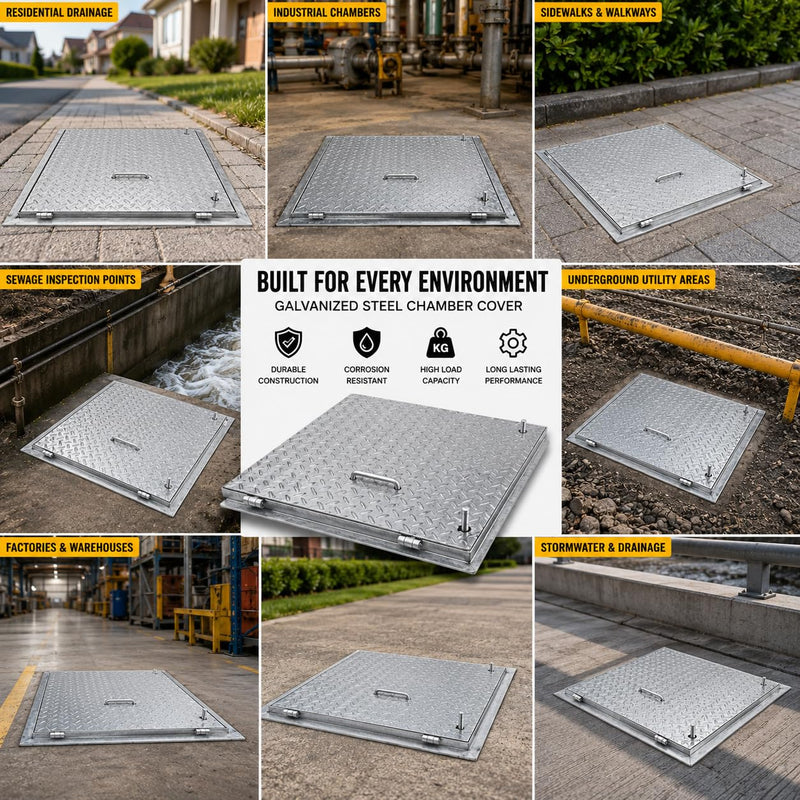 BUILDINGSHOP Galvanized Steel Manhole Chamber Cover with Frame, Heavy Duty, Anti-Slip Checker Plate, Corrosion Resistant, for Drainage and Inspection Chambers