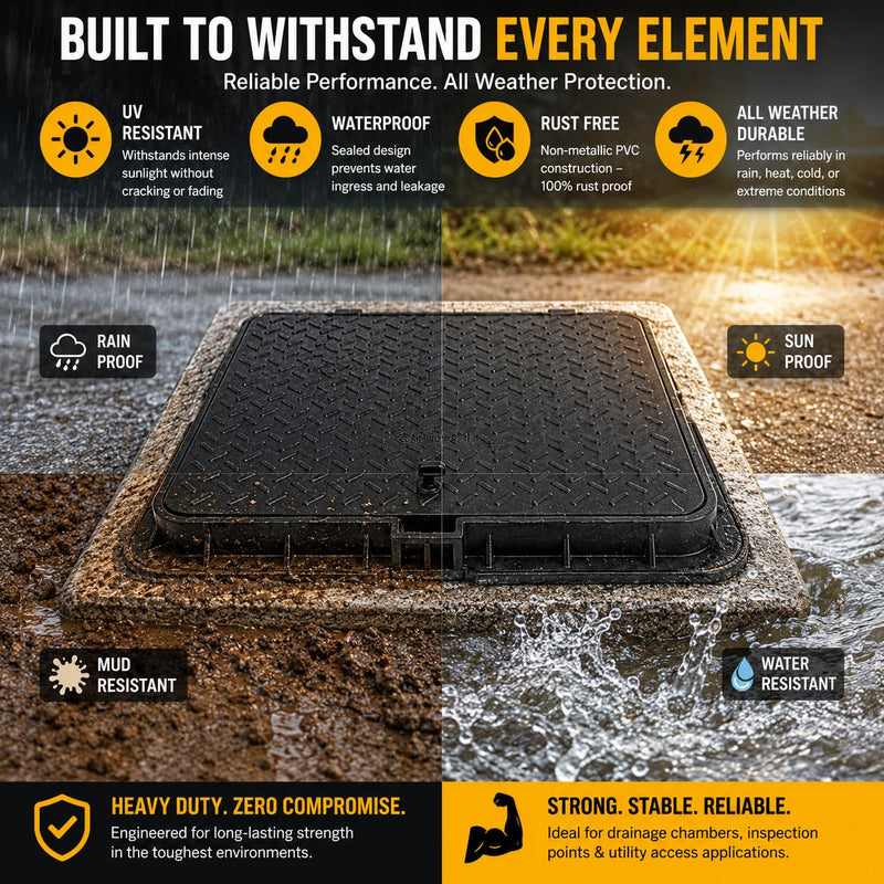BUILDINGSHOP Black PVC Manhole Chamber Cover with Lock & Frame | Heavy Duty Floor Drain Cover | Anti-Slip Waterproof Inspection Chamber Lid for Drainage, Sewage & Underground Tanks