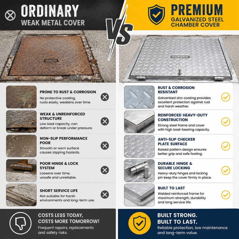 BUILDINGSHOP Galvanized Steel Manhole Chamber Cover with Frame, Heavy Duty, Anti-Slip Checker Plate, Corrosion Resistant, for Drainage and Inspection Chambers