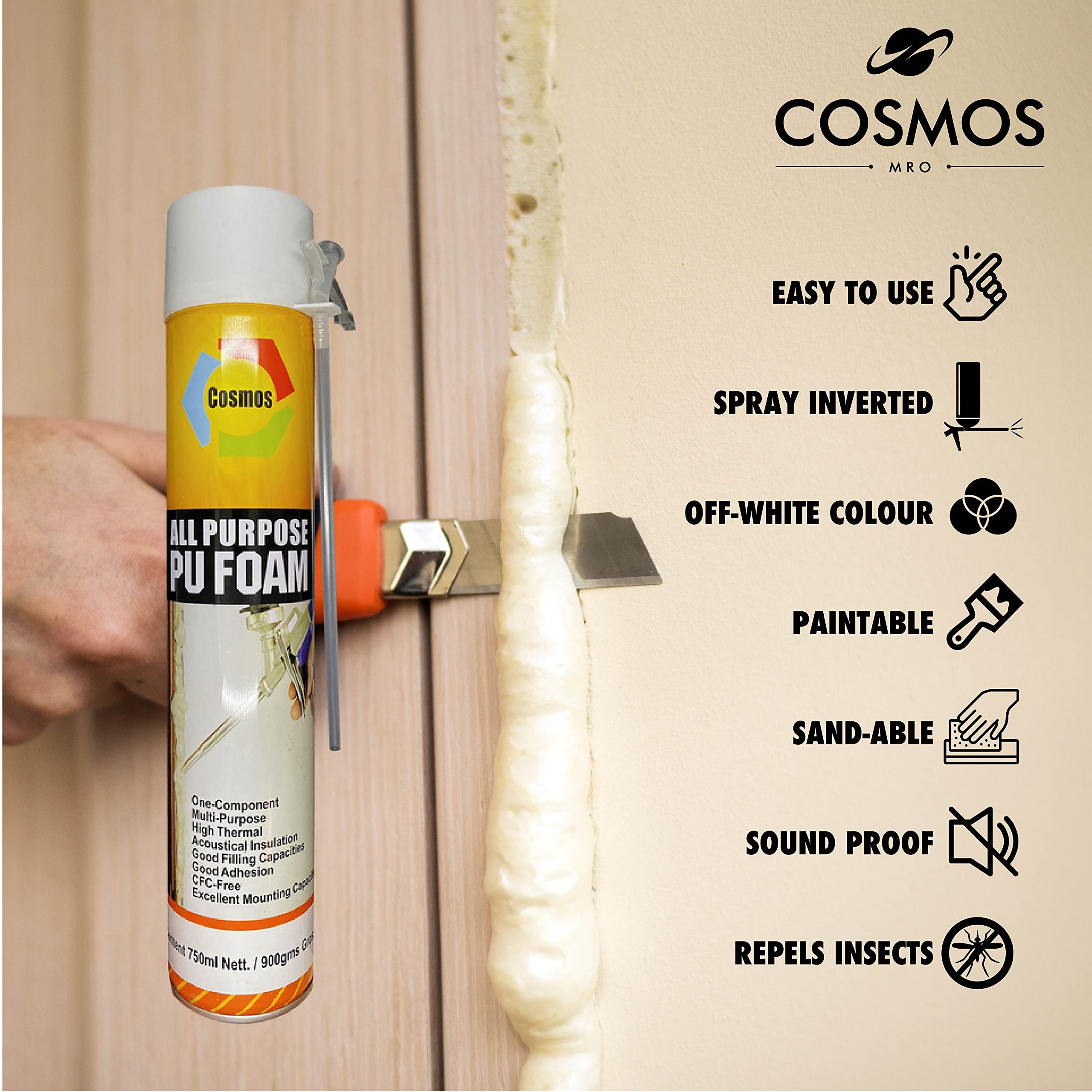 Cosmos Paints Mro - All Purpose Polyurethane Foam | Pu Foam Spray (Off-White Color, 750 Ml)