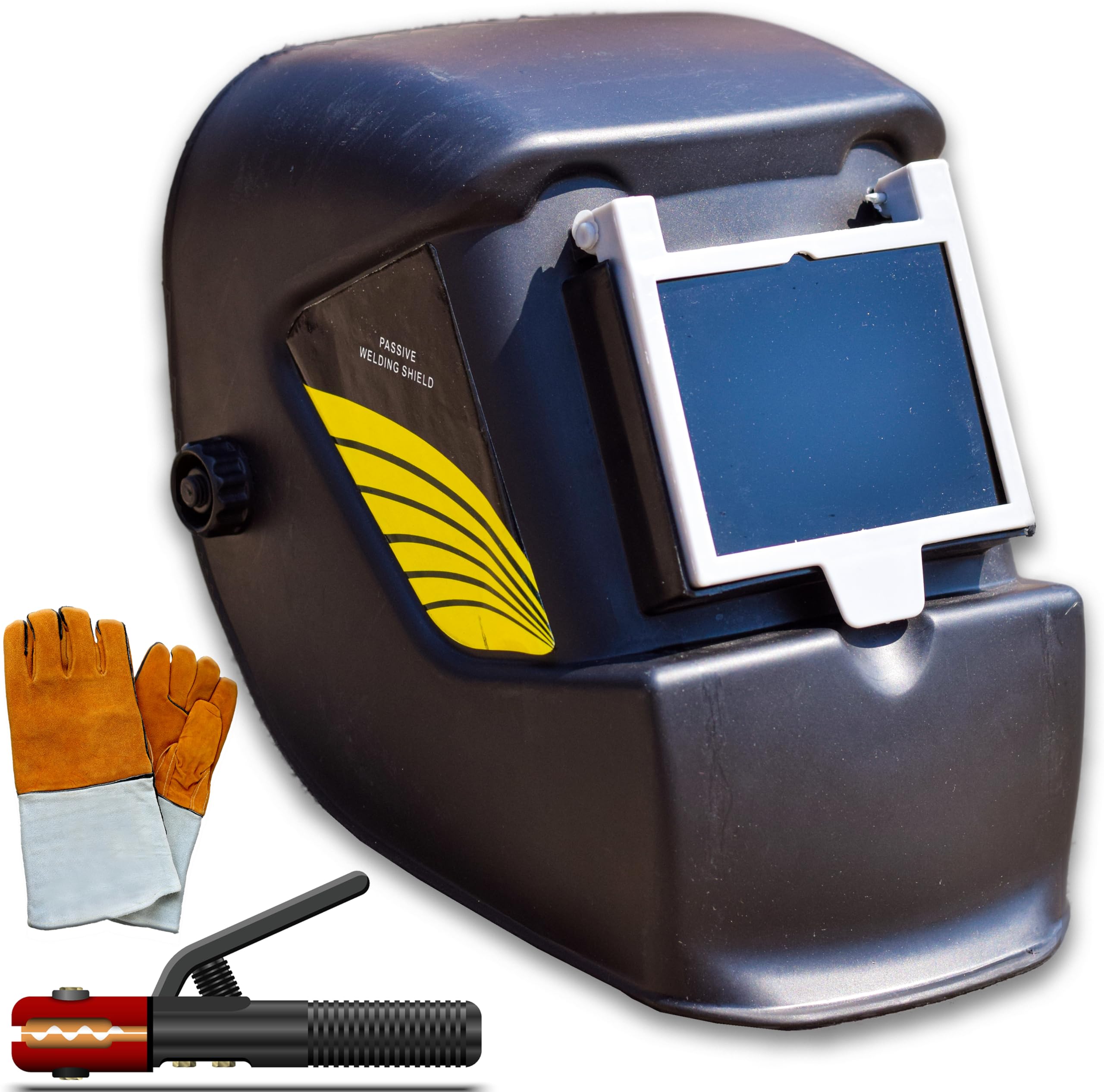 Buildingshop Welding Helmet Glass Mask Shield B&W Glass with Welding Gloves & Welding Holder for Smooth Welding with All Required Tools Welding Helmet (Size - 18)