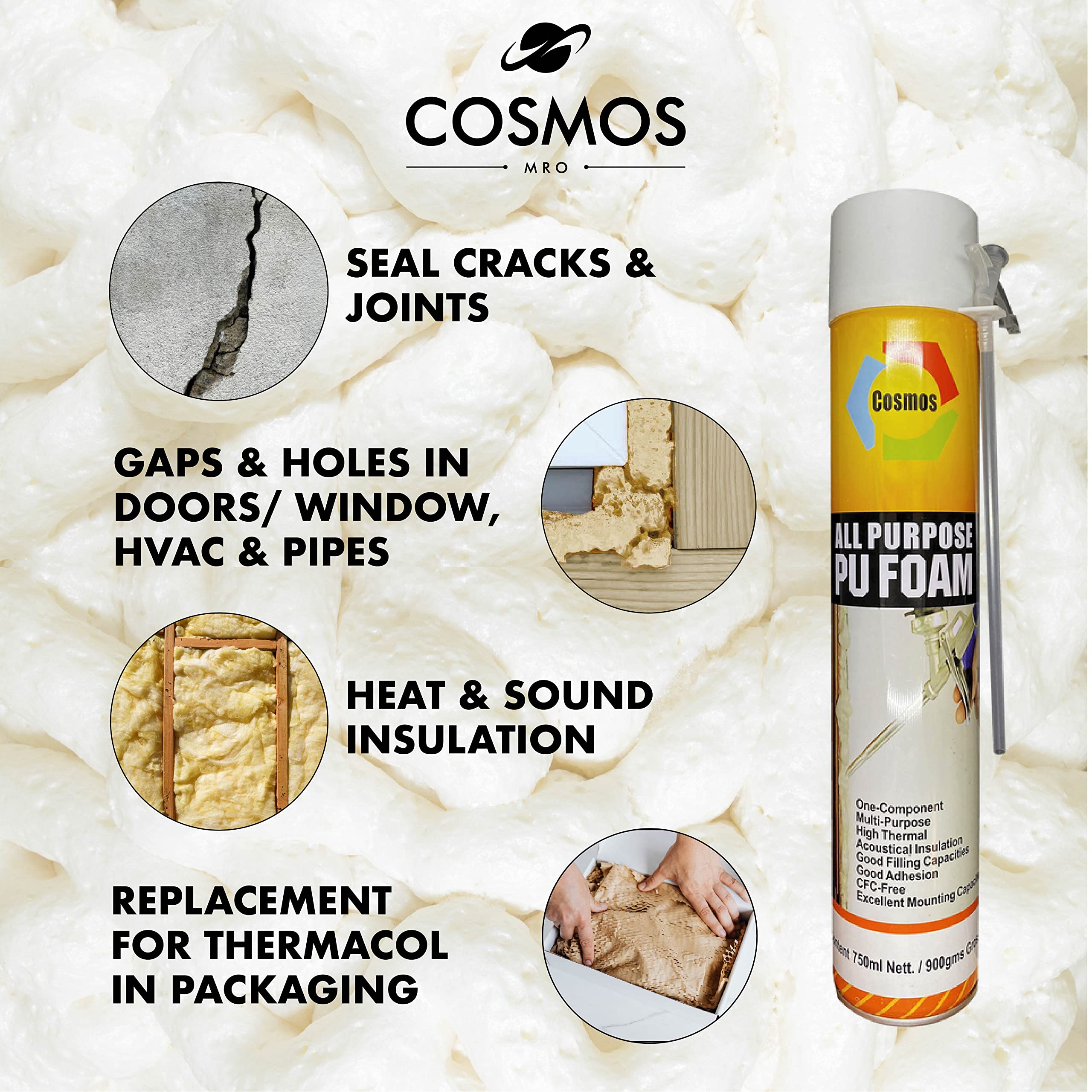 Cosmos Paints Mro - All Purpose Polyurethane Foam | Pu Foam Spray (Off-White Color, 750 Ml)