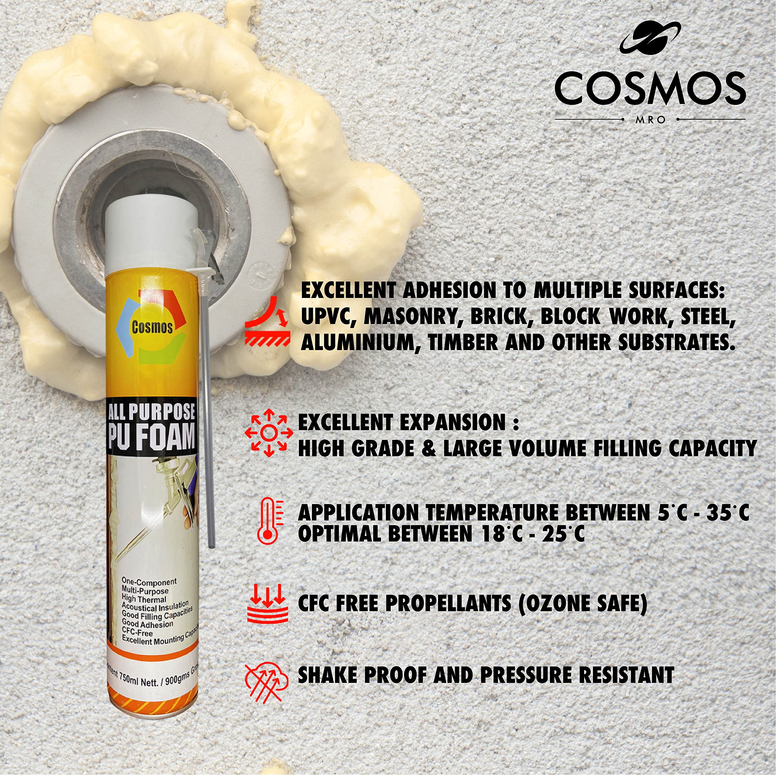 Cosmos Paints Mro - All Purpose Polyurethane Foam | Pu Foam Spray (Off-White Color, 750 Ml)