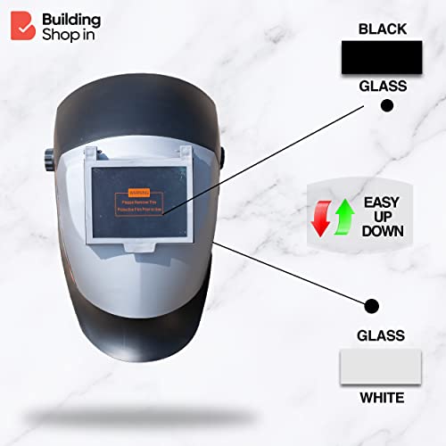 Buildingshop Weldcraft Superior Welding Helmet Glass Mask for Eye Protection Glasses/Shield Glasses with Black & White Glasses & Premium Welding Gloves (Welding Helmet)