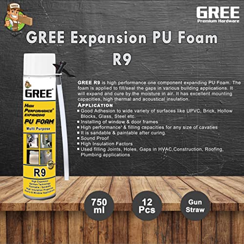 Gree R9 Expansion PU Foam Manual Use DIY Polyurethane Foam Spray - 750ml Fills Gaps Easily | Ideal for thermal insulation, windows gap, Ducting gaps